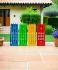 Colorful 4 Pack Pigeon Ring Stands and Poultry Leg Band Racks for Easy Pro Grade Band Management outdoors on patio tiles