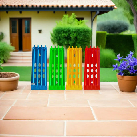Colorful 4 Pack Pigeon Ring Stands and Poultry Leg Band Racks for Easy Pro Grade Band Management outdoors on patio tiles