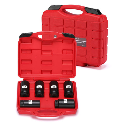 Beefed-Up Six-Piece One Half Inch Drive Crank Bolt Socket Set With 17mm 19mm 21mm 22mm 24mm 27mm in a red carrying case