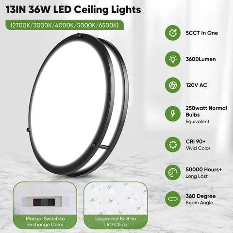 Two Pack 36W LED Ceiling Lights Black 13 Inch Flush Mount 3600 Lumens 2700K 3000K 4000K 5000K 6500K Color Changing Dimmable Fixtures side view