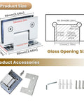 Durable Chrome Glass Shower Door Hinge For Frameless Bathroom Doors With 90 Degree Match and accessories layout including size specifications.