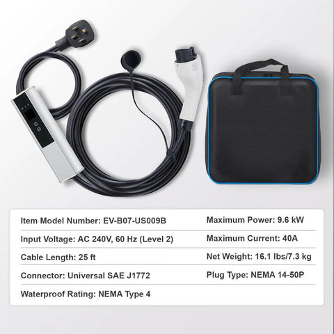 Level 2 Portable EV Charger With 40 Amp Adjustable Current, 240V, 25 Foot Cable, NEMA 14-50P Plug, Plug In Home EV Charging Station For SAE J1772 Vehicles, shown with black cable and carrying case
