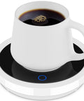 Solid Desk Cup Warmer With Gravity Sensor Auto Switch Keeps Your Morning Brew Nice And Toasty At Safe Heat Setting For Coffee Tea Milk Water Home Office Everyday Essential with white mug on black surface.