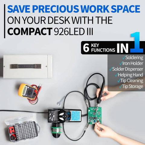 Pro Grade 60W Digital Soldering Station Kit With Two Handy Helping Hands Six Extra Tips Lead Free Solder Sucker Stainless Tweezers Celsius Fahrenheit Conversion Auto Sleep And Calibration Support with tools for workspace organization.