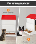 Game Changing Gravity Fed Auto Cat And Dog Food Bowl Station For Two Fur Kids Featuring Leak Proof Double Stainless Troughs Tough Outside Kibble Dispenser, shown hanging and placed on the ground.