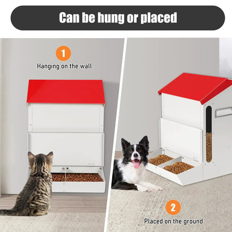 Game Changing Gravity Fed Auto Cat And Dog Food Bowl Station For Two Fur Kids Featuring Leak Proof Double Stainless Troughs Tough Outside Kibble Dispenser, shown hanging and placed on the ground.