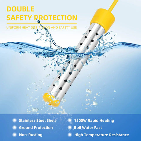 1500W Portable Immersion Water Heater With Digital Lcd Screen And Heavy Duty Stainless Guard Plug And Play Rig in water with splash