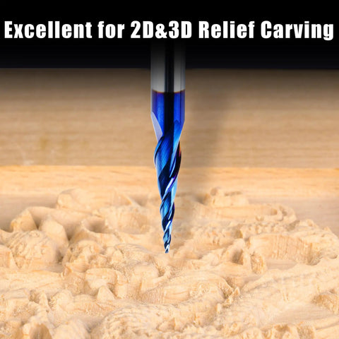 Quarter Inch Shank Carving Router Bit Set Ten In One With V Groove Bits Spiral End Mills shown during 2D and 3D relief carving.