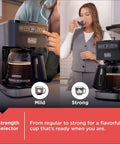 CafeCraft 12 Cup Programmable Coffee Maker With Stainless Steel Drip Design, Vortex Showerhead, strength selector in use