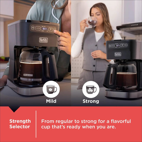 CafeCraft 12 Cup Programmable Coffee Maker With Stainless Steel Drip Design, Vortex Showerhead, strength selector in use