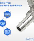 Heavy Duty 90 Degree Elbow Stainless Steel 316 Hose Barb Fitting showing quarter inch ID and one eighth male NPT connection.