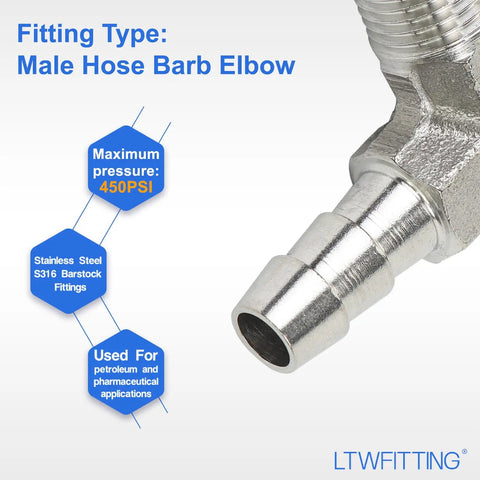Heavy Duty 90 Degree Elbow Stainless Steel 316 Hose Barb Fitting showing quarter inch ID and one eighth male NPT connection.