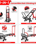 Heavy Duty Stair Climbing Hand Truck With 1000 Pounds Capacity 4 In 1 Convertible Dolly Cart Foldable Platform Utility Cart For Moving Boxes Industrial Grade Steel Construction Red shown in four configurations.