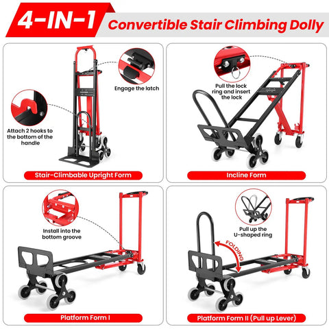 Heavy Duty Stair Climbing Hand Truck With 1000 Pounds Capacity 4 In 1 Convertible Dolly Cart Foldable Platform Utility Cart For Moving Boxes Industrial Grade Steel Construction Red shown in four configurations.