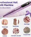 Heavy Duty Electric Nail Drill Kit With Twelve Versatile Bits For Grinding Gel And Acrylic Nails, Slick Purple Frame, close-up of drill with various nail issues.
