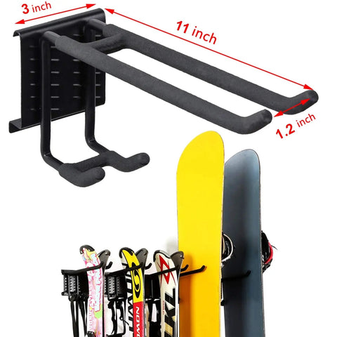 Heavy Duty Ski Wall Rack Storage System With Adjustable 32 Inch Rails Holds Up To 10 Pairs Of Skis, installed with skis and snowboards