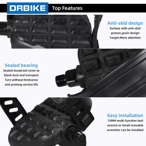 Close-up of Solid One Half Inch Spindle Stationary Bike Pedals With Adjustable Strap showing anti-skid design, black, durable.