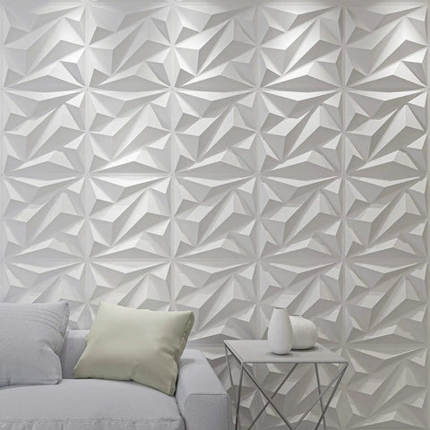 Diamond 3D PVC Wall Panels White, Easy DIY Accent Wall Decor, 19.7 Inch Square Tiles, 12 Pack Covers 32 Sq Ft in living room