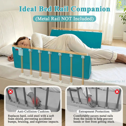 Bed Rail Foam Pads For Elderly Safety And Fall Protection on bed, anti-collision cushion, pine green, with person sleeping.