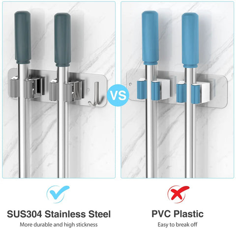 Heavy Duty Wall Mount Mop And Broom Holder 2 Pack with stainless steel vs PVC plastic comparison