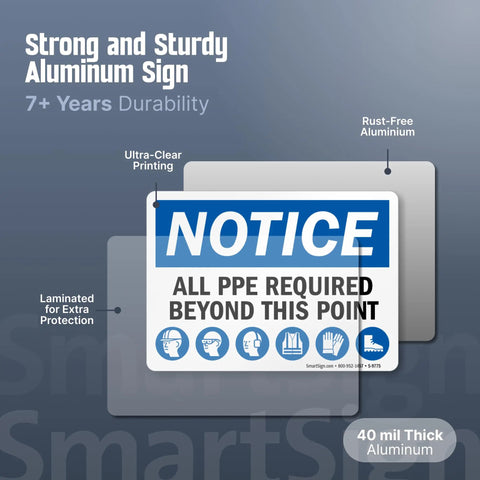 Notice All PPE Required Beyond This Point Sign 10 By 14 Aluminum Durable Outdoor Safety Marker No Nonsense Rust Resistant Long Lasting Up To Seven Years With Four Corner Holes For Easy Mounting With Screws Nails Or Ties