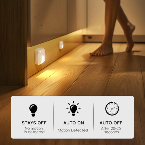 Six Pack Stick On Motion Sensor Lights With Easy Install Warm White LED Night Light for stairs shown glowing on wooden floor