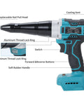 Get The Heimerdinger Brushless Cordless Rivet Gun For Makita 18V Batteries With 12000N Auto Reverse Power For Heavy Duty Construction Projects And Fastening Jobs In Your Garage Or Job Site with aluminum thread lock ring, cooling vent, and rubber handle.