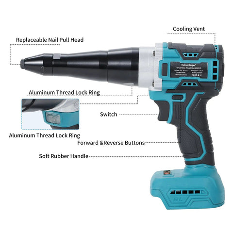 Get The Heimerdinger Brushless Cordless Rivet Gun For Makita 18V Batteries With 12000N Auto Reverse Power For Heavy Duty Construction Projects And Fastening Jobs In Your Garage Or Job Site with aluminum thread lock ring, cooling vent, and rubber handle.