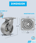 Side view of 5x2 in cast-iron swivel caster with mounting plate; set of 4 heavy-duty industrial casters