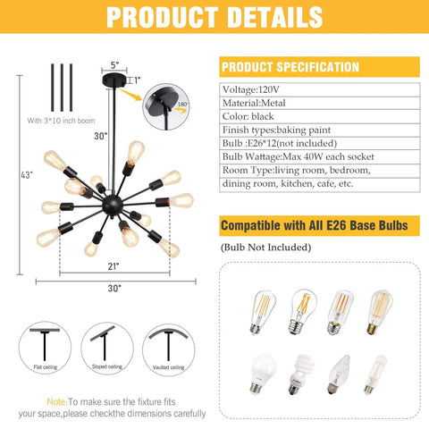 Product details of Sputnik 12-Light Black Chandelier for Living Room and Dining Area, Modern Farmhouse Pendant Lighting.