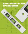 Close-up of Magnetic 9 Inch Box Level Torpedo with 45 90 180 Degree Bubbles and green vials, shock-resistant rubber detail.