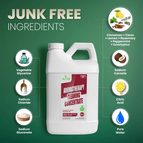 Aromatherapy Cleaning Concentrate 64 Ounce All Purpose Multi Surface Cleaner Plant Based Essential Oil Formula For Floors Glass And Counters Makes Up To 24 Gallons Pet Safe And Non Toxic bottle with ingredients listed on a green background.