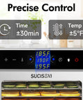 Digital panel of Top Shelf Heavy Duty Food Dehydrator With 12 Sleek Stainless Steel Trays showing precise control settings.