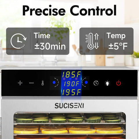 Digital panel of Top Shelf Heavy Duty Food Dehydrator With 12 Sleek Stainless Steel Trays showing precise control settings.