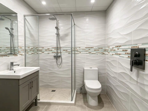 Modern bathroom with Beachy Coastal Vibe Tile With Real Seashells Inside Conch Inlay Lake Green Crystal Glass and white stone mosaic.