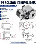 Kick Your CNC Router Setup Right Up With This Heavy Duty 4th Axis Rotary Table Boasting A NEMA 57 Stepper Motor ER32 Collet Chuck And Buttery Smooth Spinning Hollow Shaft Ideal For Cylindrical Engraving Milling And Custom Fabrication Jobs, precision dimensions diagram.