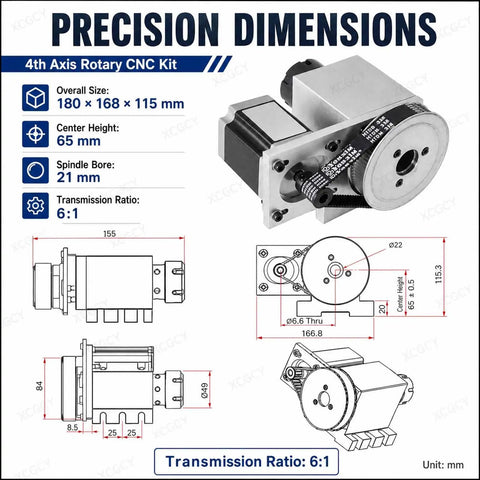 Kick Your CNC Router Setup Right Up With This Heavy Duty 4th Axis Rotary Table Boasting A NEMA 57 Stepper Motor ER32 Collet Chuck And Buttery Smooth Spinning Hollow Shaft Ideal For Cylindrical Engraving Milling And Custom Fabrication Jobs, precision dimensions diagram.