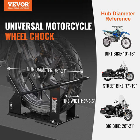Heavy Duty Motorcycle Wheel Chock With 1800 Lb Capacity Durable Steel Front Tire Bracket Three Adjustable Holes Fits 15 To 21 Inch Wheels Works With Off Road And Street Bikes