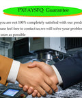 Two people shaking hands with a machinery background and a customer satisfaction guarantee sign above.