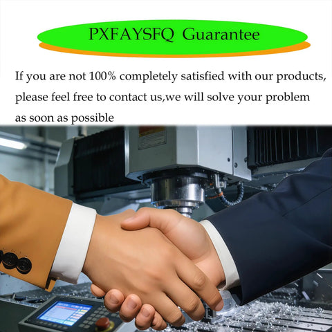 Two people shaking hands with a machinery background and a customer satisfaction guarantee sign above.