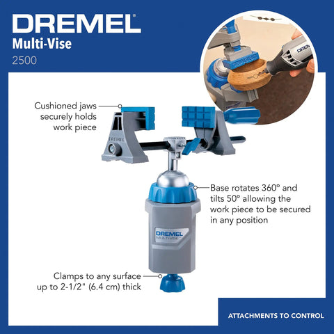 Dremel Multi-Vise 2500 with cushioned jaws, clamps to surfaces up to 2.5 inches thick, for secure woodworking.