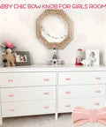 Totally Adorable Pink Bow Dresser Knobs Six Pack Ceramic Drawer Pulls installed on white dresser in girls' room
