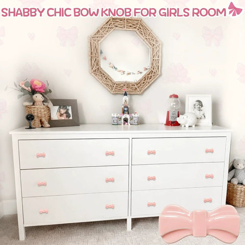 Totally Adorable Pink Bow Dresser Knobs Six Pack Ceramic Drawer Pulls installed on white dresser in girls' room