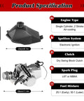 49cc Two Stroke Pull Start Engine Kit With Single Cylinder Air Cooled Design For Go Karts Mini Pocket Dirt Bikes Scooters And ATVs Includes Forward And Reverse Gearbox For Easy Reversing And Smooth Power specifications and dimensions