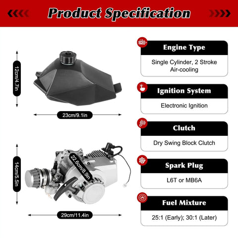 49cc Two Stroke Pull Start Engine Kit With Single Cylinder Air Cooled Design For Go Karts Mini Pocket Dirt Bikes Scooters And ATVs Includes Forward And Reverse Gearbox For Easy Reversing And Smooth Power specifications and dimensions