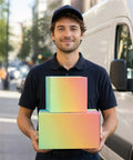 Person holding two 8x8x4 Heavy Duty Shipping Boxes Set of 30 Colorful Corrugated Boxes for Small Business Packaging, outdoors