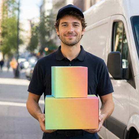 Person holding two 8x8x4 Heavy Duty Shipping Boxes Set of 30 Colorful Corrugated Boxes for Small Business Packaging, outdoors