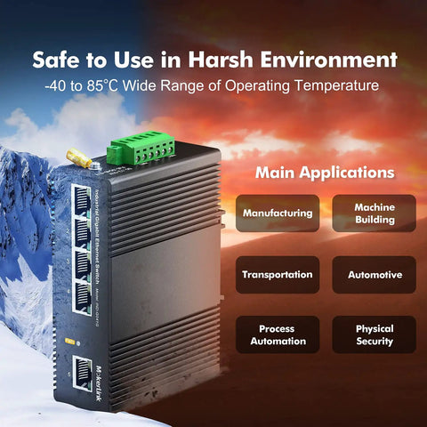 Hardcore Five Port Gigabit Ethernet Switch Built Like A Tank For Gritty Workshop Jobs with IP40 housing and DIN rail terminals.