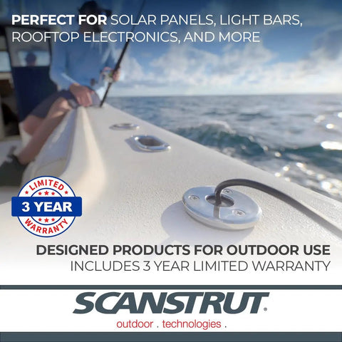 Heavy Duty Low Profile Cable Weatherproof Grommet Crafted From Marine Grade Stainless Steel For Solar Panels And Light Bars Featuring Drop Dead Tough IP68 Watertight Sealing With Zero Hassle Quick Install seen on a boat with ocean backdrop.