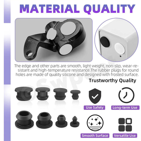 Go-To Grey Rubber Hole Plugs Set For Round Holes, 120 Piece Assortment In 9 Sizes, Silicone T-Shaped Stopper, image showing plug details